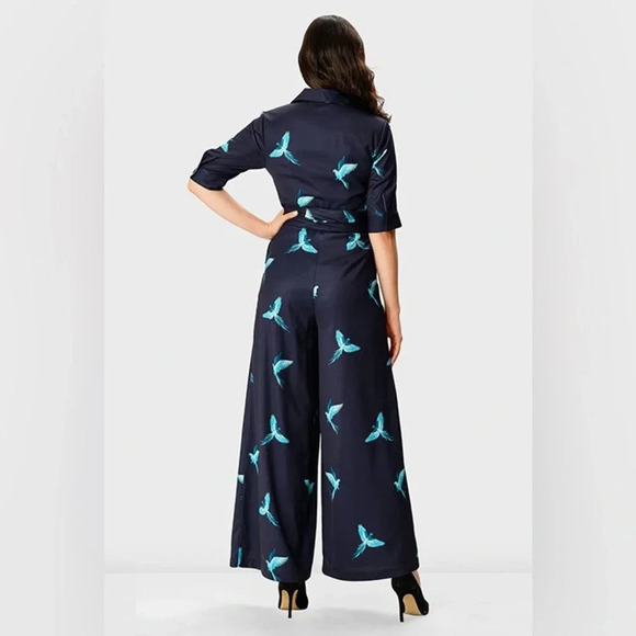 Wayward Fancies EShakti Wide Leg Bird Jumpsuit Navy Blue M Belted Pockets - Picture 3 of 14